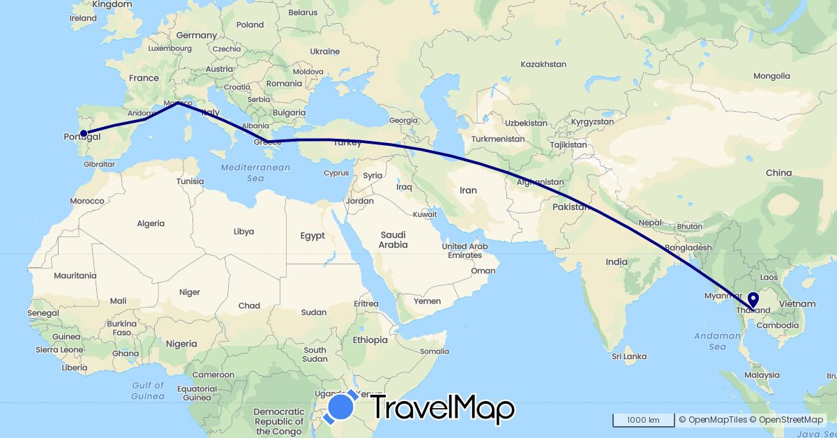 TravelMap itinerary: driving in Spain, Greece, Monaco, Portugal, Thailand (Asia, Europe)